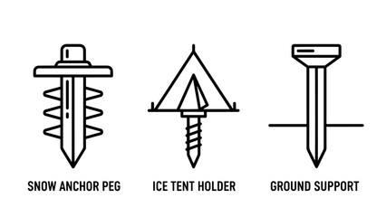Fototapeta premium Essential outdoor equipment icons: snow anchor peg, ice tent holder, and ground support stake. Crucial for camping, mountaineering, and survival in challenging winter conditions.