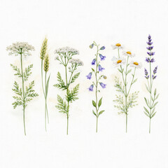 Watercolor wildflowers and wheat stalks arranged in a row botanical illustration
