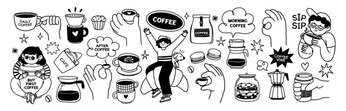 Coffee. Simple doodle coffee elements. Sketch stickers with coffee lover characters, cup, mug, dessert. Badges for cafe, coffee shop branding, social media. Vector set