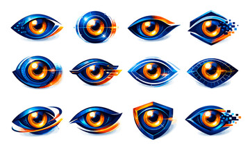 A set of premium stylized logos/eye icons in a futuristic, technological, and very impressive design with a gradient blue color + orange and gold accents.
