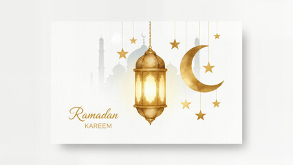 Ramadan Kareem Greeting Card with Golden Lantern, Crescent Moon, and Mosque Silhouette

