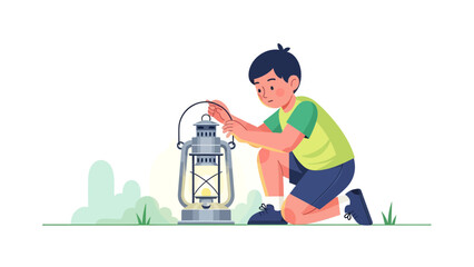 Fototapeta premium Boy With Vintage Oil Lantern Exploring Adventure And Discovery Outdoors