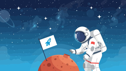Fototapeta premium Brave Astronaut Planting Rocket Flag On Martian Planet In Galaxy Space