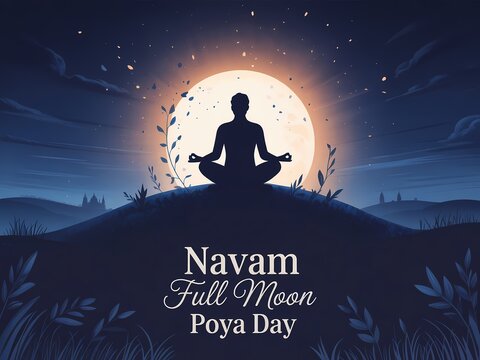 A person meditating on a hill under a full moon on navam full moon poya day in a serene natural setting with a silhouette of a person