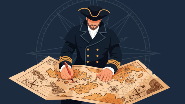 Captain Charting New Course On Antique Map For Adventure And Discovery