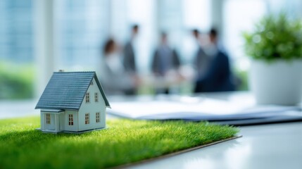 Real estate business market, house home building purchase sale. A miniature house on a lush green grassy surface, with a blurred background suggesting a professional setting.