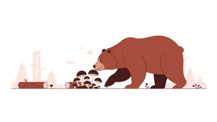 Brown Bear Foraging For Fungi In Forest Illustration Graphic Design