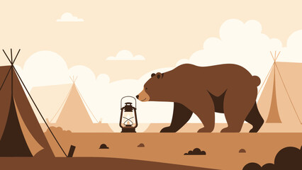 Brown Bear Hiking In Camp Tents With Lantern Flat Cartoon Illustration