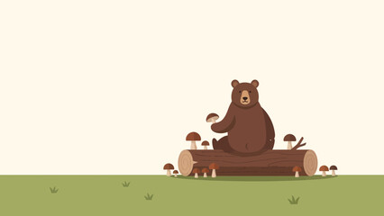 Brown Bear Resting On A Log Surrounded By Mushrooms In A Minimalist Style