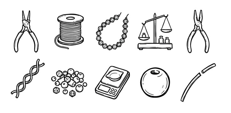 Jewelry making tools and supplies icon set in a hand-drawn doodle style showing pliers, beads, wire, and scales for crafting handmade accessories and hobbies