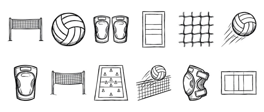 Hand-drawn volleyball sport equipment icon set with ball, net, knee pads, and court diagram in a black and white doodle sketch style for athletic and game concepts