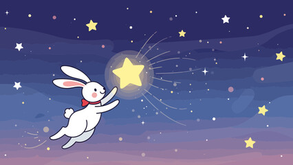 Bunny Reaching For a Falling Star In a Beautiful Night Sky Illustration