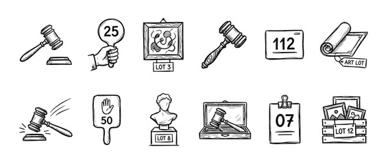 Fototapeta premium Set of hand-drawn auction and bidding icons showing gavels, art lots, antique sculptures, and numbered paddles in a detailed black and white sketch illustration