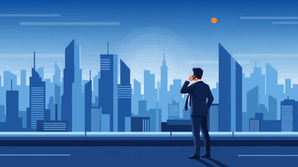 Businessman Discussing Deal Over The Phone With Cityscape Background At Evening