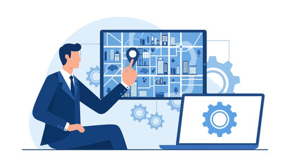 Businessman Using Virtual City Map for Planning and Automation Technology