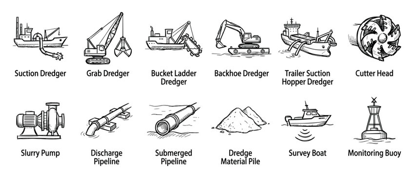 Hand-drawn dredging equipment and machinery icon set showing various types of dredgers, pumps, pipelines, and boats in a detailed black and white sketch illustration style