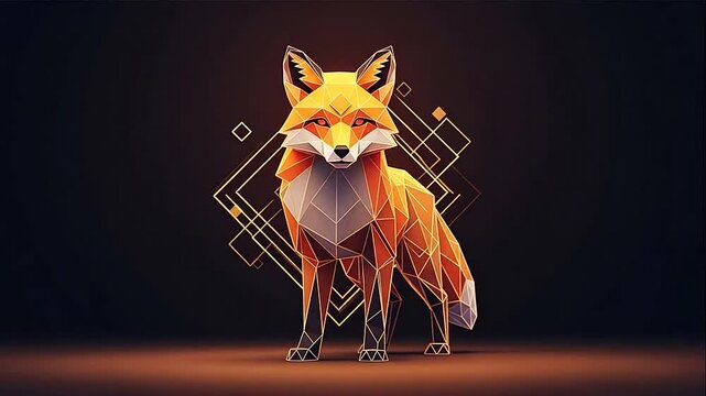 Stylized Polygonal Fox in Low Poly Art Style Standing on a Dark Background with Geometric Patterns, Representing Nature and Digital Creativity.