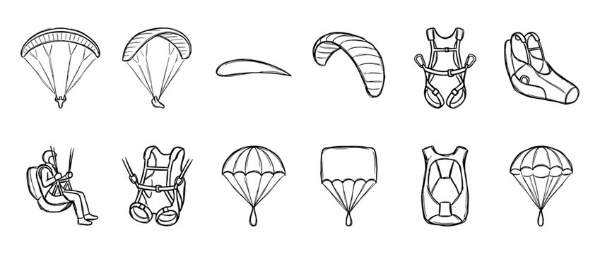 Hand-drawn parachute and paragliding equipment icons in a black and white doodle style, featuring various canopy shapes, harnesses, and a skydiver for extreme air sports concepts