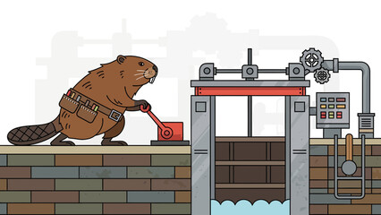 Busy Beaver Manages Water Control System At The Dam With Lever
