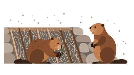 Busy Beavers Building Dam In Winter Scene With Copy Space Illustration
