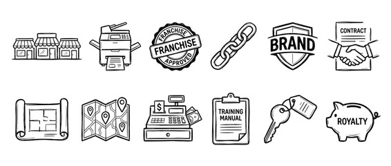 Set of hand-drawn franchise business icons in a doodle style, illustrating key concepts like contract, brand, royalty, training, and store location