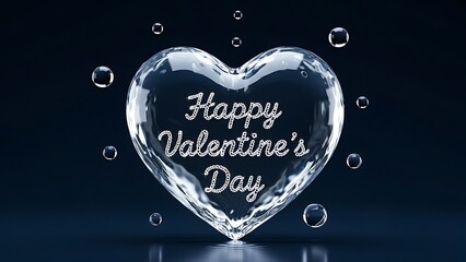 Crystal clear ice heart with 'happy valentine's day' engraved surrounded by floating water droplets illuminated by subtle lighting against a deep blue gradient background perfect