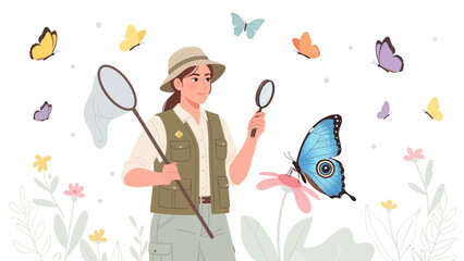 Butterfly Enthusiast Observing Winged Insects With Magnifying Glass And Net On Meadow