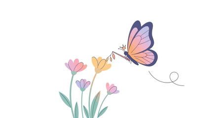 Butterfly Carrying A Gift Among Pastel Flowers In A Minimalist Style