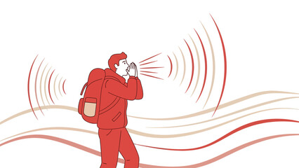 Calling Out Loudly In The Wilderness With Backpack On Adventure In Nature