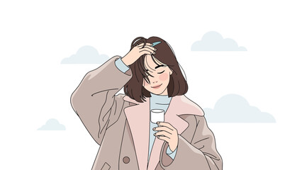 Calm Morning Reflection With Warm Drink Woman in Relaxed Pose Illustration