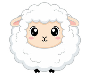 Fototapeta premium Cute cartoon sheep face with fluffy white wool and pink cheeks on a transparent background