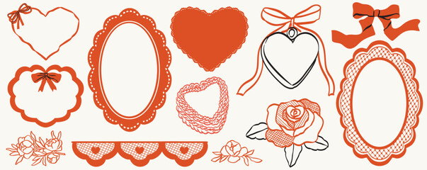 Fototapeta na wymiar Red whimsical lace frames and valentines day decorations. Oval and heart shapes and doilies with vintage elegance. Crochet, floral elements and borders perfect for branding, scrapbooking, social media