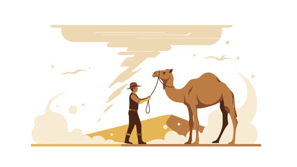 Camel In Desert Walking With A Guide Vector Illustration Isolated
