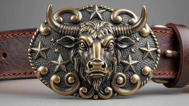 Explore Ornate Bronze Bull Head Belt Buckle Craftsmanship Close-Up De