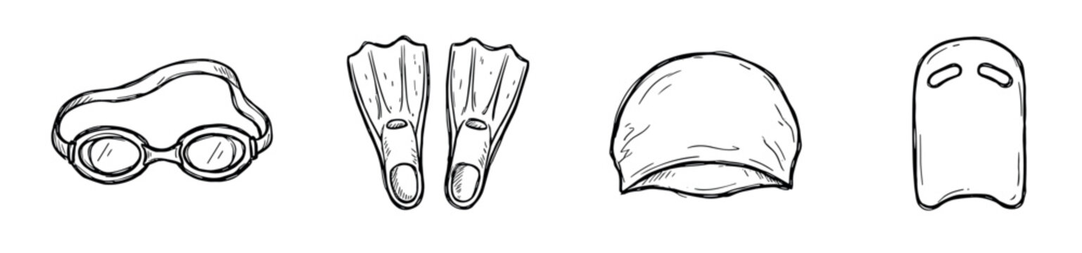 Hand drawn swimming equipment set with goggles, flippers, cap, and kickboard in a black and white sketch style illustration for water sports