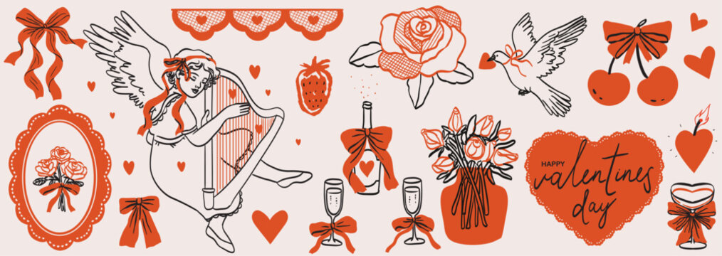 Cute elements decorated with whimsical bows, ribbons and lace. Elegant female cupid playing harp, flowers. Vintage hand drawn line art vector illustrations for wedding or valentine day card invitation