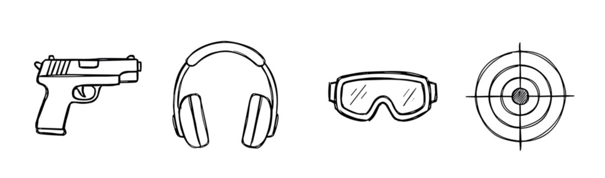 Hand-drawn set of shooting range equipment including a handgun, earmuffs, safety goggles, and a target, illustrated in a simple black and white line art doodle style