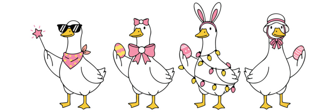 Four happy geese dressed for easter with eggs bunny ears, and party lights