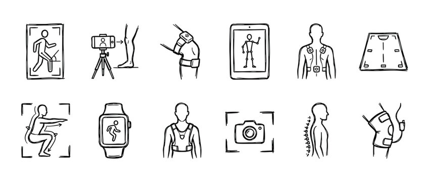 Hand-drawn motion capture and biomechanics icons set depicting wearable sensors, gait analysis, rehabilitation technology, and sports science in a simple sketch doodle style