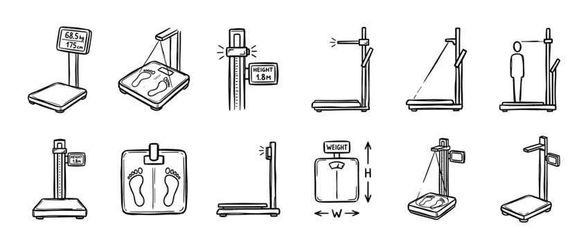 Collection of hand-drawn medical scales for measuring weight and height, presented as a set of black and white doodle-style icons showing different stadiometer designs