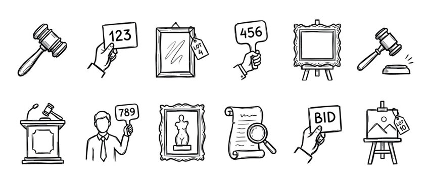Hand-drawn auction icons set with gavel, bid paddles, paintings, and podium illustrations in a black and white doodle sketch style for bidding and sale concepts