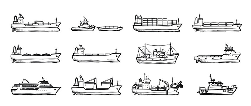 Collection of various hand-drawn ships and boats in a simple sketch style, featuring a cargo ship, container vessel, tugboat, fishing trawler, and cruise liner for maritime concepts