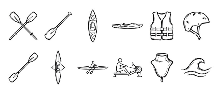 Hand-drawn set of kayaking and rowing equipment icons including a boat, paddles, life vest, helmet, spray skirt, and rowing machine in a simple black and white sketch style