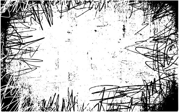 Grungy black and white scribbled frame on transparent background border