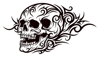 Obraz premium Intricate tribal tattoo design featuring a human skull with detailed swirling motifs