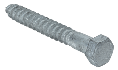 Angled close-up of a galvanized steel lag bolt