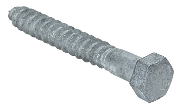 Angled close-up of a galvanized steel lag bolt