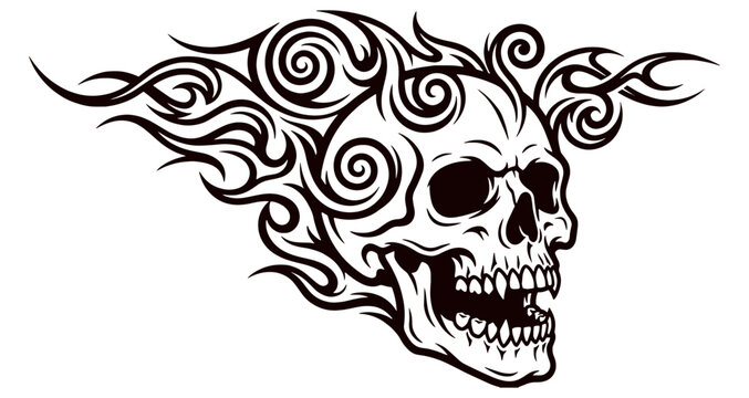 Side view of a human skull covered in expressive, swirling tribal patterns representing motion