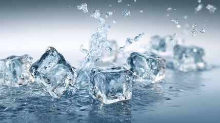 Dynamic Water Splash with Ice Cubes on a Light Gradient Background