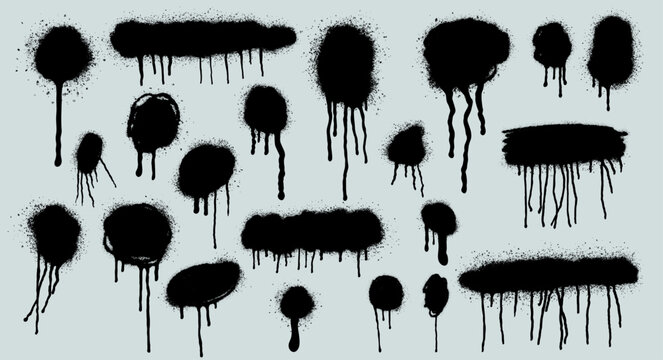 Spray paint graffiti blots, dots, ink splashes set. Circles with drips, spray effect for urban street art design. Hand drawn rough ink splashes with grain texture, small paint blots vector collection